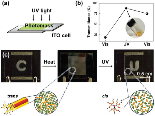 Figure 6. Fabrication procedure of photorecorders by applying a photomask (a). Transmittance changes of the LC cell filled with 1 wt% photoresponsive macrogelator by alternating UV and Vis light (b). Macroscopic images of the rewritable optical cell and possible mechanisms of LC gel formation and dissociation induced by light and heat (c). Reproduced with permission [Citation61].