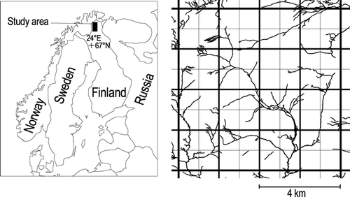 Figure 1 The location of the study region in northern part of Finland (left), and the study design (right) based on four different spatial scales: 1 km2, 4 km2, 16 km2, and 64 km2.