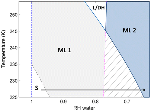 Fig. 7. NaCl water phase diagram: solid (S), supercooled metastable liquid 1 (ML1), supersaturated metastable liquid 2 (ML2), liquid (L) and dihydrate (DH).