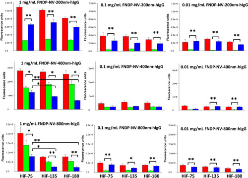 Figure 3 Quantitation of FNDP-NV-hIgG fluorescence on NCM strips.Notes: The FNDP-NV indicated in each panel was run up the NCM strip in MB. After drying, strips were scanned by IVIS-50. The image of each strip was partitioned into AZ and MZ, and the fluorescent signals were determined. In each panel, the red bar represents the total fluorescence of the strip. Green bars represent the fluorescence of the AZ. Blue bars represent the fluorescence of the MZ. Blank strips were used for background subtraction. Error bars represent SD of the mean of three independent strips. (*) P<0.05 One-way ANOVA; (**) P<0.005 One-way ANOVA.Abbreviations: FNDP-NV-hIgG, fluorescent nanodiamond particles with NV active centers, coupled to human immunoglobulin G; NCM, nitrocellulose membrane; HiF, Hi-FlowTM Plus; AZ, application zone; MZ, migration zone; SD, standard deviation.