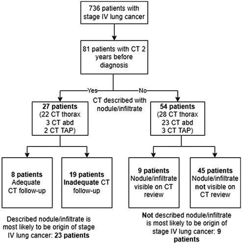 Figure 3. Clinical audit of stage IV lung cancer patients. CT abd: Computed tomography abdomen; CT TAP: Computed tomography thorax–abdomen–pelvis.