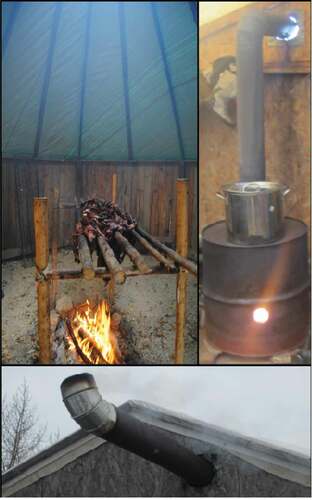 Figure 2. Clockwise from top left: Figure 2(a). Geese being smoked over a fire in a traditional game-smoking tent. Smoke is clearly visible towards the top of the photo. Figure 2(b). A wood burning wood stove made of a steel 45-gallon drum in a hunting cabin. Figure 2(c). A chimney flue exiting a hunting cabin. Photo permissions: R. Moriarity (2a) and M.Wilton (2b and c).