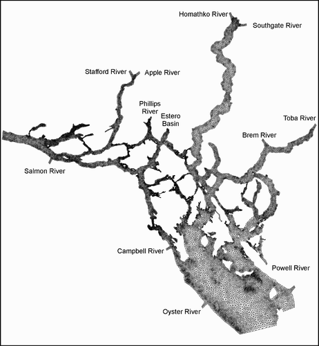 Fig. 3 Horizontal grid and rivers whose discharges were used for the FVCOM simulations.