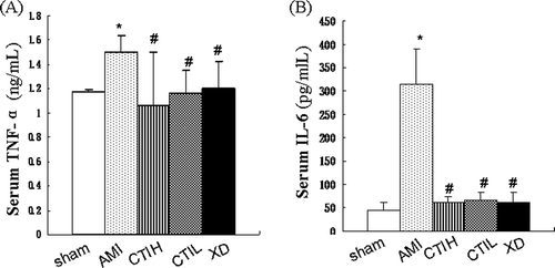 Figure 3.  Effect of CTI on serum cytokines. Serum TNF-α (A) and IL-6 (B) concentrations in 5 groups examined by radioimmunological assay and liquid phase competitive radioassay. Results are mean ± SD (n = 8). Compared with sham: *p < 0.05. Compared with AMI: #p < 0.05.