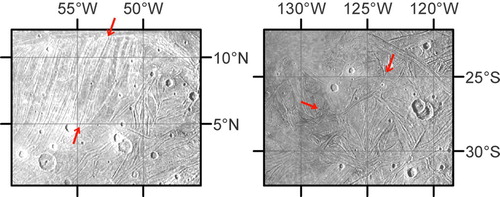 Figure 2. Grooved terrain. The red arrows show groove examples.