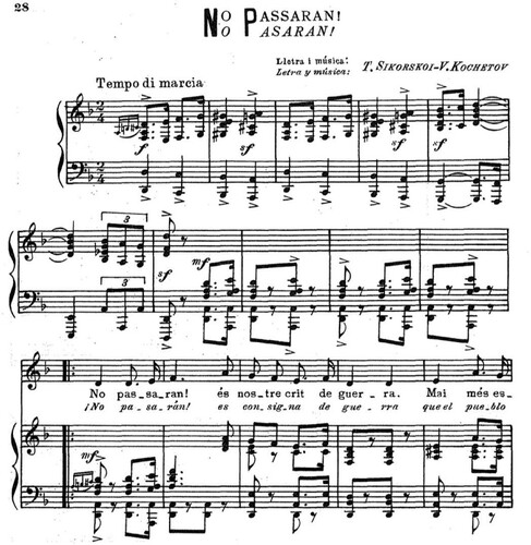 FIGURE 3 Kochetov’s ‘No pasarán’ (bb. 1–15) as published in Mayer-Serra’s songbook.