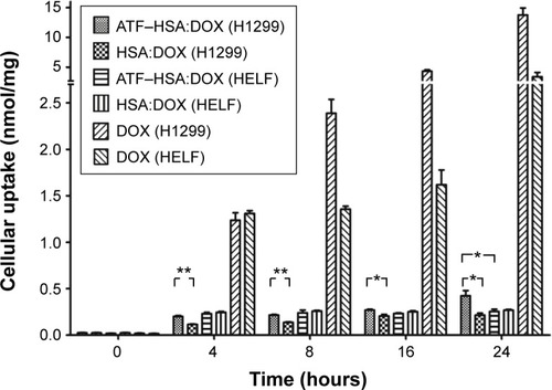 Figure 2 Cellular uptakes of ATF–HSA:DOX (5 μM), HSA:DOX (5 μM), and DOX (5 μM) in H1299 cells and HELF cells after incubation for different time periods.Notes: The uptake amount of free DOX in both cell lines was much more than that of ATF–HSA:DOX. The amount of ATF–HSA:DOX was higher than that of HSA:DOX in H1299 at any time period, while there was almost no difference in the amount of ATF–HSA:DOX and DOX in HELF. *P<0.05. **P<0.01.Abbreviations: ATF, amino-terminal fragment of urokinase; DOX, doxorubicin; HELF, human embryo lung fibroblasts; HSA, human serum albumin.