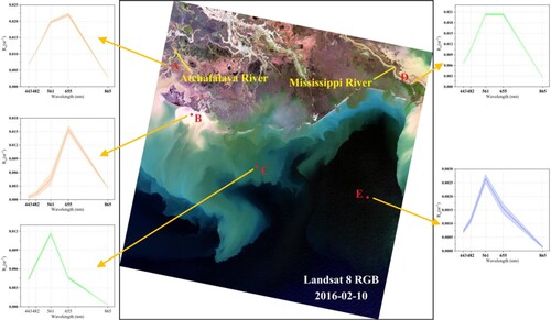 Figure 13. True color composite for 10 February 2016 over the area affected by the Atchafalaya River and the Mississippi River. Landsat-8 OLI-derived Rrs spectra for five locations, i.e. A–E, representing different water conditions are shown. The colored line denotes the averaged Rrs for the 30 × 30 pixels and the shaded color denotes standard deviation. (For interpretation of the references to color in this figure legend, the reader is referred to the web version of this article.)