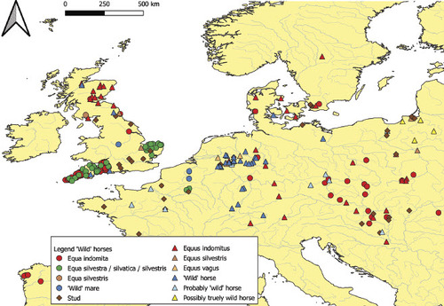 Fig. 2. Distribution of different types of ‘wild’ horses in Europe during the Middle Ages and Early Modern Period. Mares are shown as circles; ‘neutral’ horses are shown as triangles. It cannot be excluded that the latter category also consisted entirely or largely of mares. Map created with QGIS, QGIS.org (2022). QGIS Geographic Information System. QGIS Association. http://www.qgis.org.