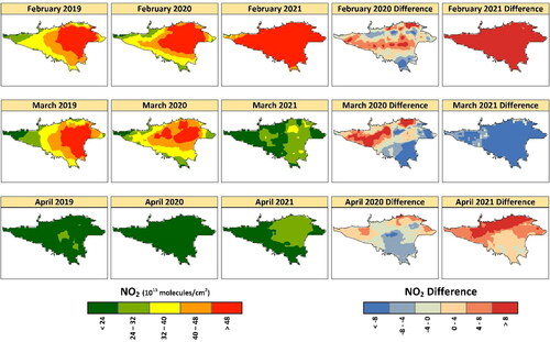 Figure 5. Spatial distribution of tropospheric NO2 during February–April from 2019–2021 and difference maps with 2019.