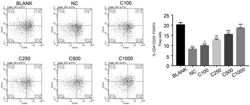 Figure 3. CT promotes the production of CD25+FOXP3+ Treg cells in CD4+ T cells of the MCAO model. * p < 0.05 vs. BLANK, ** p < 0.01 vs. BLANK, *** p < 0.001 vs. BLANK; # p < 0.05 vs. NC; ## p < 0.01 vs. NC; ### p < 0.001 vs. NC. C100, C250, C500 and C1000 means the cryptotanshinone in the concentration of 100, 250, 500 and 1000 µg/mL, respectively.