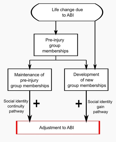 Figure 1. Pathways through which social group memberships can influence adjustment to an ABI, as hypothesized by SIMIC, adapted from Haslam et al. (Citation2018, p. 238).