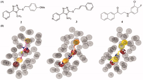Figure 3. (A) Chemical structures of compounds 2, 3 and 4. (B) Alignment of each of the reported hits (represented by pink (2), orange (3) and yellow (4) sticks) with the pharmacophore model.
