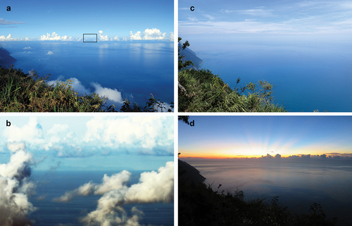 Figure 6. (a) View from a coastal mountain of Taiwan (Liwushan, Hualien County: about 1200m above sea level) in the late afternoon of 27 August 2017. (b) Yonaguni Island seen 140 km away at the square in (a). (c) The same view as A at noon of 5 August 2016, when horizon is vague under the vertical daylight. (d) The same view as A at dawn on 28 August 2017, when the horizon was masked by clouds. (all photographs by Yousuke kaifu).