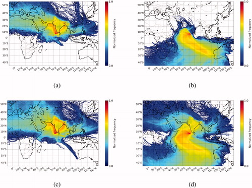 Fig. 6. Frequency map of the HYSPLIT back trajectories calculated for (a) 2004–2008 NE monsoon season, (b) 2004–2008 SW monsoon season, (c) 2014–2017 NE monsoon season, and (d) 2014–2017 SW monsoon season. The back-trajectories are calculated for every hour when there exists particle number size distribution data and each back-trajectory extends 14 days back in time.