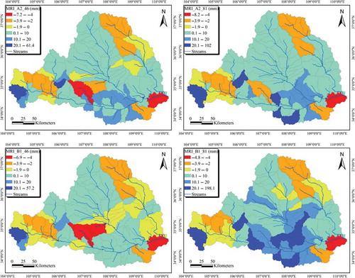 Fig. 9 Spatial changes of mean annual runoff under MRI scenarios.