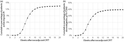 Figure 1. (a) Cumulative proportion of patients who achieved a pathologic complete response (pCR) by the time elapsed after the completion of neoadjuvant chemoradiation therapy (CRT). (b) Cumulative proportion of patients who were downstaged from cT3-T4 and/or node positive disease to ypT0-T2N0 by the time elapsed after the completion of neoadjuvant CRT.