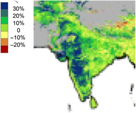 Figure 2. Satellite data show the percentage amount that foliage cover has changed around South Asia from 1982 to 2010 (Mintz Citation2013).