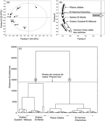 Fig. 8 Analyse en composantes principales (8a) des variables, et (b) des individus, et (c) classification hiérarchique des paramètres physico-chimiques des eaux échantillonnées.