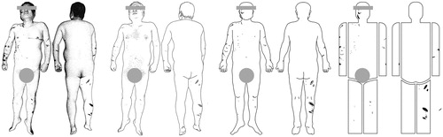 Figure 1. Part of Case 1 illustrations (white and black with different outline degree). From the left: Realistic (includes shadow), Realistic (outline only), Characteristics and Schematics (very low level of detail).