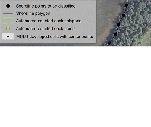 Figure 2 A section of shoreline showing the automated-counted dock polygons and points along with Minnesota Land Use and Cover (MNLU) developed raster cells. The 2 circles represent a 30 m and 75 m search radius around the black shoreline point in their center. This point would be classified as developed according to both the automated-counted dock data (dock within 30 m) and the MNLU data (developed cell center point within 75 m). The background shows the 2008 National Agricultural Imagery Program (NAIP) aerial photo.