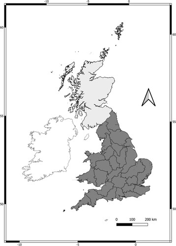 Figure 1. Areas contributing data to the analyses of national and regional variation in Mute Swan population trends. The national analysis was conducted for Great Britain between 1974 and 2012 (light and dark grey-shaded areas enclosed by black lines combined). The regional analysis was conducted across 26 regions of England and Wales (shaded in dark grey) using data from the ecological years between 1974/1975 and 2016/2017. The divisions within the dark grey-shaded area are boundaries of Environment Agency regions.