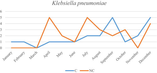 Figure 4 Seasonal distribution of Klebsiella pneumoniae among CAP patients with cancers and without cancers between September 2018 and August 2019.Abbreviations: CAP, community-acquired pneumonia; NC, no cancer; C, cancer.