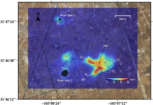 Figure 4. Mean LOS deformation rates (cm/yr) around Wink sinkholes. Maximum LOS deformation rate reaches ∼30 cm/yr (∼40 cm/year subsidence when it is converted from LOS to vertical direction). Source: Author