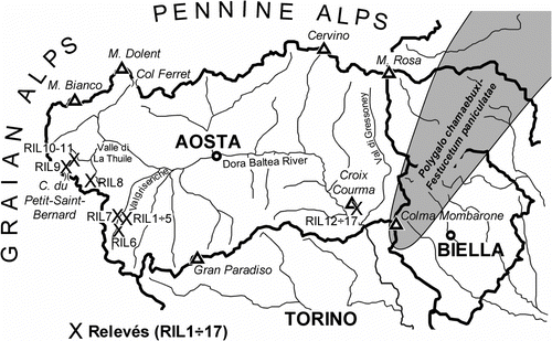 Fig. 2 Study area and location of relevés. The grey area defines the border of the Polygalo chamaebuxi-Festucetum paniculatae. Fig. 2. Zone d’étude et emplacement des relevés. La zone grise définit les limites du Polygalo chamaebuxi-Festucetum paniculatae.