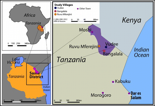 Map 1. Location of the study villages and of the Same District in Tanzania (original map designed based on information collected in the pre-field research, 2012).