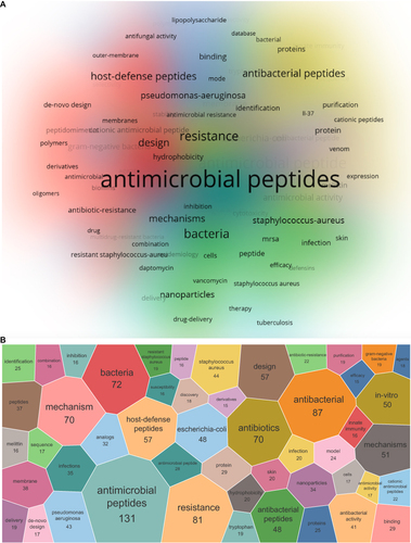 Figure 7 Analysis of keywords. (A) Keywords co-occurrence network of AMPs for the treatment of drug-resistant bacteria; (B) The voronoi treemap of the top 50 keywords.