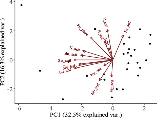 Figure 5. Principle component analysis load plot of soil extractable nutrients in relation to iron plant concentration. Data are collected from 28 farms in Northwest B&H.