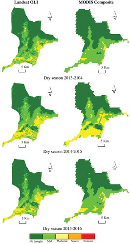 Figure 10. Maps of drought severity upon the VHI values of Landsat OLI, and MODIS data.