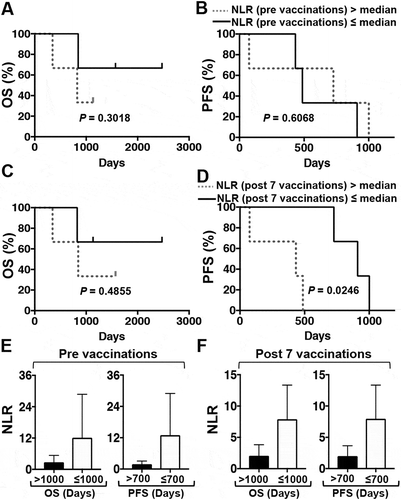 Figure 3. Kaplan-Meier estimates of the OS and PFS of PDA patients receiving multimodal therapy including DC/WT1-I vaccines. (A) OS and (B) PFS of all 6 enrolled PDA patients with an NLR greater than (dotted line) or less than (solid line) the median prior to vaccination. (C) OS and (D) PFS of all 6 enrolled PDA patients with an NLR greater than (dotted line) or less than (solid line) the median after 7 vaccinations. E: Prior to vaccination, the NLR of PDA patients with super-OS (OS>1000 days, Nos. 1, 2 and 5) and non-super-OS (PFS≤1000, Nos. 3, 4, and 6) were compared. Moreover, the NLR of PDA patients with super-PFS (OS>700 days, Nos. 1, 3 and 5) and non-super-PFS (PFS≤700, Nos. 2, 4, and 6) were compared. F: After 7 vaccinations, the NLR of PDA patients with super-OS (OS>1000 days, Nos. 1, 2 and 5) and non-super-OS (OS≤1000, Nos. 3, 4, and 6) was compared. Moreover, the NLR of PDA patients with super-PFS (PFS>700 days, Nos. 1, 3 and 5) and non-super-PFS (PFS≤700, Nos. 2, 4, and 6) was compared. NLR, neutrophil to lymphocyte ratio; OS, overall survival; PFS, progression-free survival; PDA, pancreatic ductal adenocarcinoma.