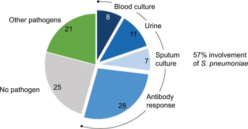 Figure 1 Microbiological etiology of CAP. A total of 349 CAP patients from 2 clinical trials were enrolled. Conventional microbiological analysis (blood culture, urinalysis, and sputum culture) identified Streptococcus pneumoniae as a causative organism. Determination of serotype-specific antibodies in serum showed S. pneumoniae involvement in an additional 28% of patients. Most commonly identified pathogens in the other pathogens category were Coxiella burnetti, Legionella species, Mycoplasma pneumoniae, Haemophilus influenzae, Chlamydophila psittaci, influenza A virus, and Staphylococcus aureus. Data from van Mens et al.Citation11