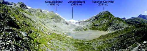 Figure 2. One hundred and eighty degree panorama image of the Pasterze landsystem with the summits of the Großglockner, Johannisberg and the Fuscher-Kar-Kopf in the background and Pasterze glacier with a subsequent sandur in the centre (view to north-west, 02.08.2011).