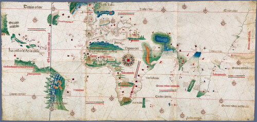 Figure 1. Cantino planisphere. The blue vertical line on the left marks the division of possession of newly discovered lands outside Europe between Portugal and Spain, according to the 1494 Treaty of Tordesillas. Source: Biblioteca Estense Universitaria, Modena, Italy. Retrieved from Wikimedia Commons, https://upload.wikimedia.org/wikipedia/commons/9/9c/Cantino_planisphere_%281502%29.jpg
