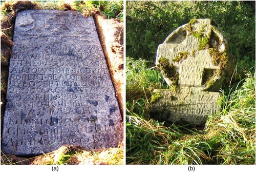 Figure 4. ‘Planter and Gael’, from Old Kilskeery burial ground, Co. Tyrone. a) Armorial ledger stone for Thomas Beacom and his family. HERE LIETH THE BODY /OF THOMAS BEAC/ OM WHO [DAUCUS]/ THE 1 1729 AGED 67/ ALLSOW THE BODY OF/ ROBERT BEACOM WHO/ DYED SEPTEMBER 28 1756 AGED 5 YEARS. A/ ND 2 OF HIS BROTHERS, 3 S/ ONS TO JOHN BEACOM O/ F GLASMULLAGH/ Edward Beacom/ Glasmullagh died 1st April 1859. Aged 100/ years (photograph L. McKerr). b) Ringed cross for the O’Neill family. HERE/ LIETH/ THE/ BODY/ OF/ MR. JOHN O’NEILL/ SON TO MR. HENERY O NEILL/ WHO DYED / THE 2 OF MAY 1714/ AGED 4 YEARS/ CATHEREN O’NEILL/ DYED THE YEAR 1711 (photograph L. McKerr).