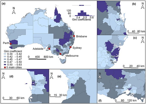 Figure 2. Spatial distributions of Gini coefficients in Australia (a) and major cities, including Brisbane (b), Sydney (c), Perth (d), Adelaide (e) and Melbourne (f).