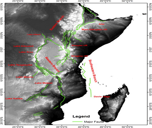 Figure 2. The East African rift system with major active faults shown green (adapted from Chorowicz Citation2005).