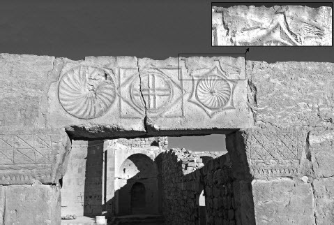 Figure 6 Negev pigeons. Two engraved pigeons roost in the top right corner of a lintel at the entrance to Shivta’s northern church, reflecting the importance of pigeons to the local viticulture-based economy, and, probably, its connection to the church. Pigeons are still part of the landscape in Shivta today (photo Guy Bar-Oz).