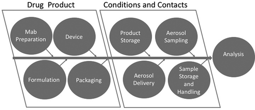 Figure 1. Diagram depicting the contributing factors from the drug product, conditions and contacts that contribute to the analytical quality and performance measures.