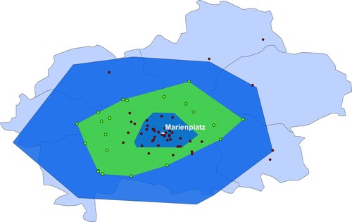 Figure 1. Selection of our sample.Note: High schools are represented as dots. Bright (green) dots are part of the doughnut, whereas dark (red) dots are in the inner circle or outside the doughnut. The bright (green) area is the convex hull of the bright (green) schools. The inner dark (blue) area is the convex hull of the metro stations, the outer dark (blue) area is the convex hull of the suburban train stations, and the background represents the shape of the labour market region (LMR) of Munich, with the lines showing the counties within the LMR.