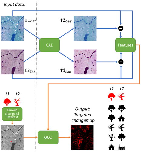 Figure 2. Illustration of our approach. The input optical and SAR images at times t1 and t2 are translated to the other domain using code-aligned autoencoders (CAE). The originals and the differences with the translated versions are stacked as feature vectors for every image pixel. A limited amount of training data in the form of known areas with forest mortality is then used to train a one-class classifier (OCC) to map the change for a large area in the presence of both unchanged areas and other changes.