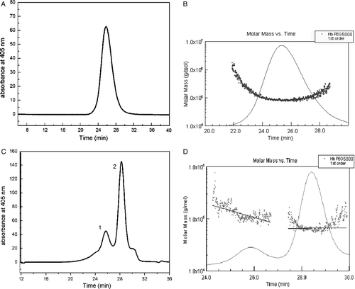 Figure 4.  HPSEC-MALLS chromatograms analysis of PEG5kDa-modified hemoglobin by solid adsorption method. The samples were loaded on a Superdex 200 gel filtration column with 50 mM sodium phosphate containing 0.15 M sodium chloride (pH 7.4) as the mobile phase at a flow rate of 0.5 ml/min. A was the result of the first peak (F1) by HPSEC; B was the result of the first peak (F1) by HPSEC-MALLS; C was the result of the second peak (F2) by HPSEC; D was the result of the second peak (F2) by HPSEC-MALLS.