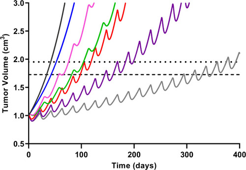 Figure 7 Simulated triple-negative breast cancer (TNBC) tumor growth. Growth within the no-drug control (black) and treatment arms were simulated using a previously published TNBC tumor growth rate.Citation36 Mono- and combination drug arms were simulation using 400 days of continual dosing. Abemaciclib (ABE) was dosed as a 200 mg tablet (blue) twice daily (BID). Dosing regimens for free doxorubicin (DOX) were 60 mg/m2 dose (red) and 75 mg/m2 dose (purple) every 21 days (q21d), and pegylated liposomal doxorubicin (L_DOX) was 50 mg/m2 (pink) every 28 days (q28d). ABE 200 mg BID was dosed in combination with L_DOX 50 mg/m2 q28d (green) and with DOX 75 mg/m2 q21d (grey). The upper dotted horizontal line represents the 25% or 1.95-fold growth from baseline (WHO criterion for TTP). The lower horizontal dotted line represents the 20% or 1.73-fold growth from baseline (RECIST criterion for TTP), assuming the tumor spherical.