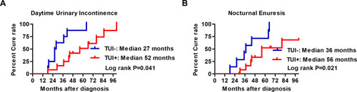 Figure 3 Kaplan–Meier curves of cure rate after initial treatment. (A) Overall, all and 10 (83%) boys in the TUI- and the TUI+ group achieved daytime continence at a median of 27 and 52 months after initial treatment, respectively. (B) Overall, all and nine boys in the TUI- and the TUI+ group achieved dry nights at a median of 36 and 52 months after initial treatment, respectively.