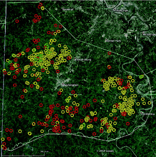 Fig. 5 Shale gas development in Washington County, Western Pennsylvania from 2005 to 2013. Yellow circles, well operations (e.g., pads) installed between 2005 and 2010 (351), red circles, well operations installed since 2010 (134), green circles, sites restored since 2010 (44). Courtesy of C. Nolan.