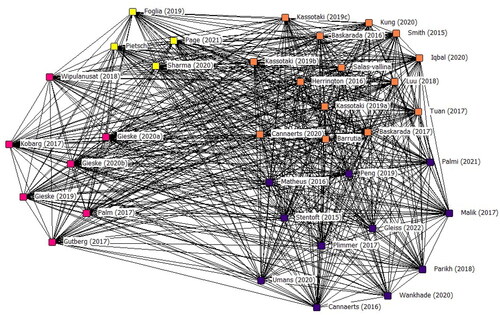 Figure 3. Bibliographic coupling map of PA articles (n = 36; 2015–2020). Theme 1 (orange): Leadership; Theme 2 (pink): Culture; Theme 3 (blue): Structure and processes; Theme 4 (yellow): External environment.