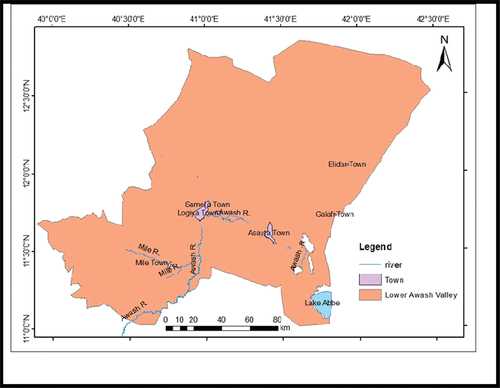 Map 3. Lower Awash Valley research areas, specific rivers, and settlements.